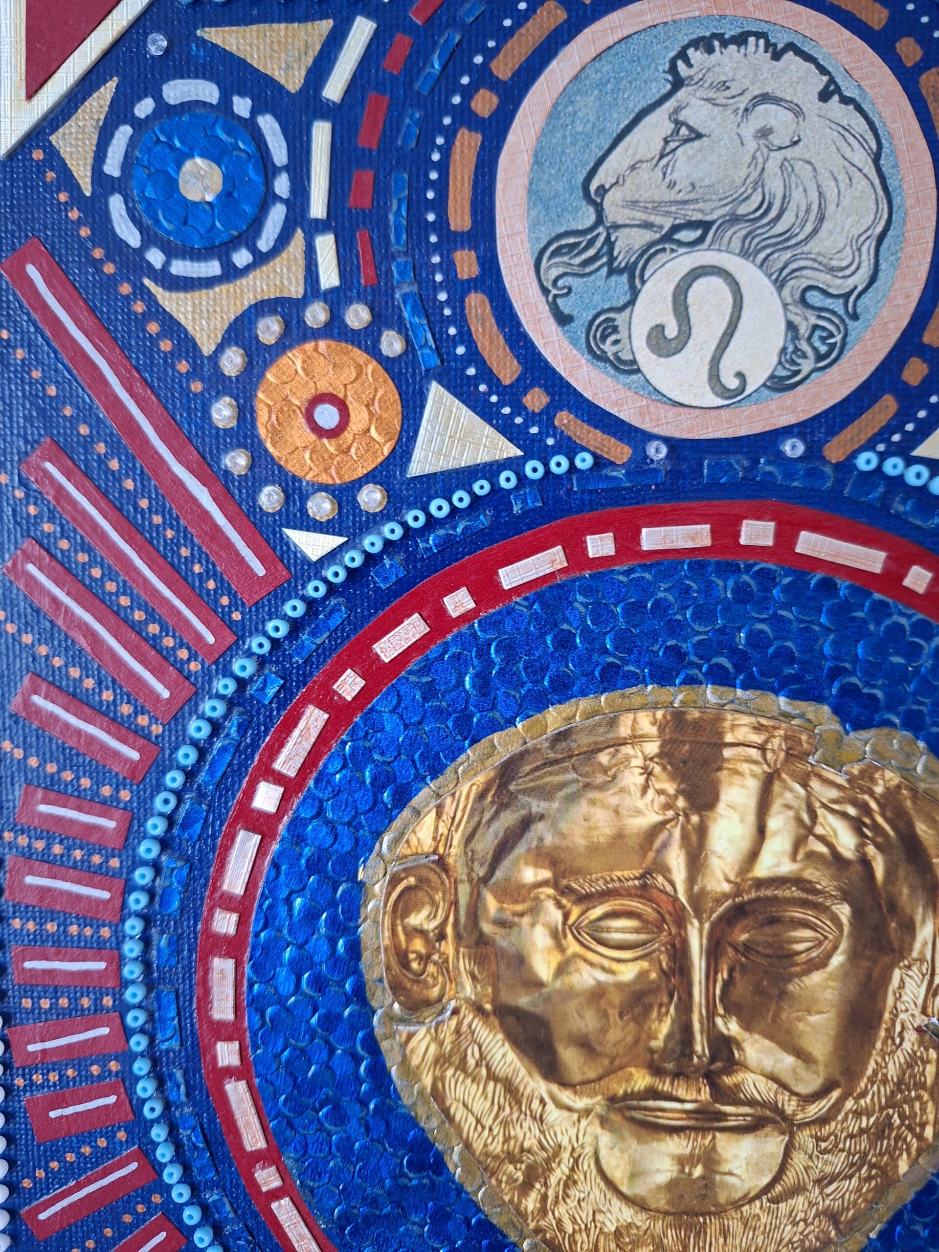 Agamenon Troja Totenmaske greek mythology archaeology mixed media paper art collage majblume kunstwerk original