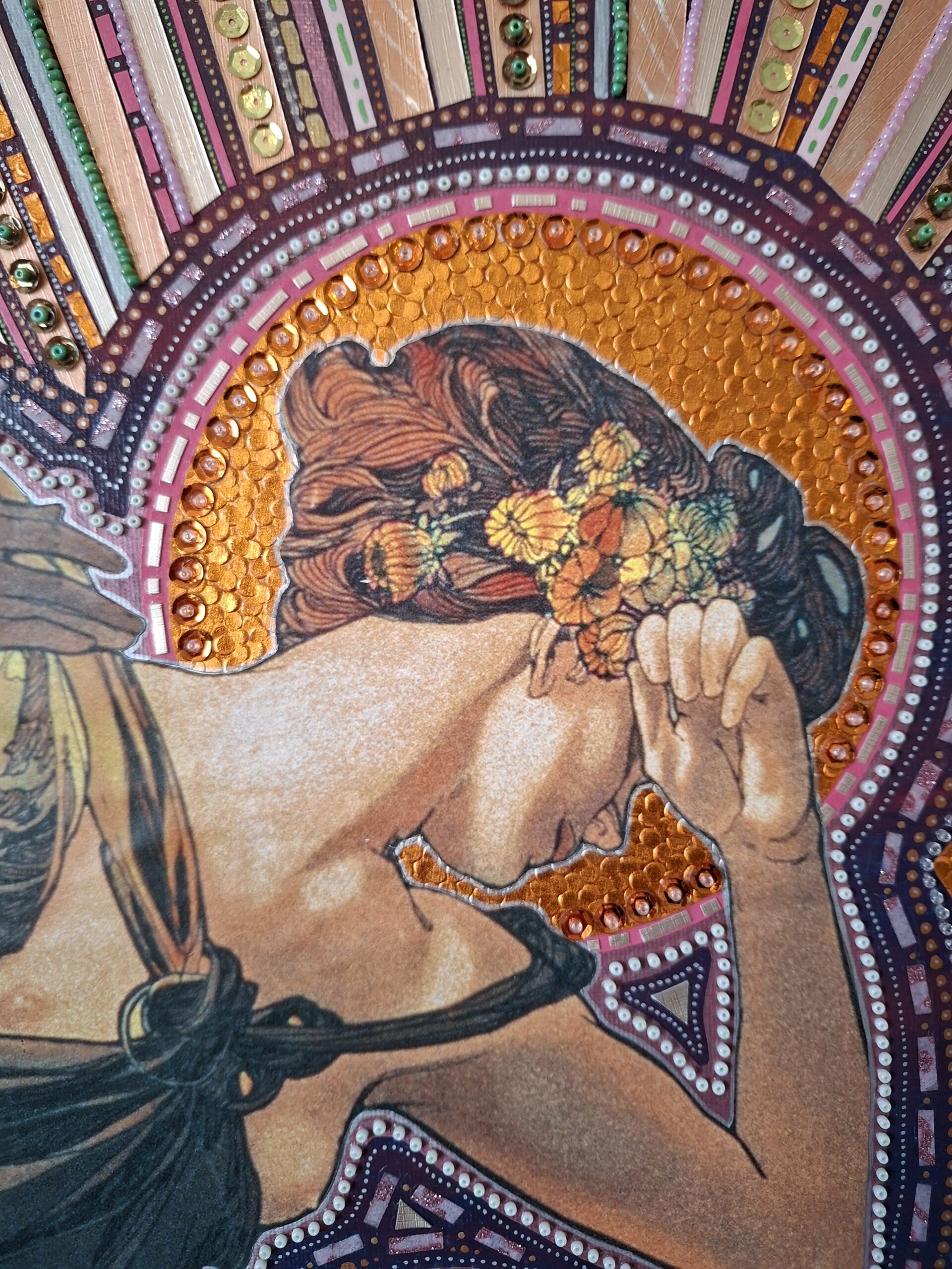 Kunstwerk Original Mixed Media majblume Mucha art nouveau