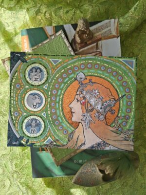 Postkarte Königin der Münzen Jugendstil Alfonse Mucha mixed media Kunst